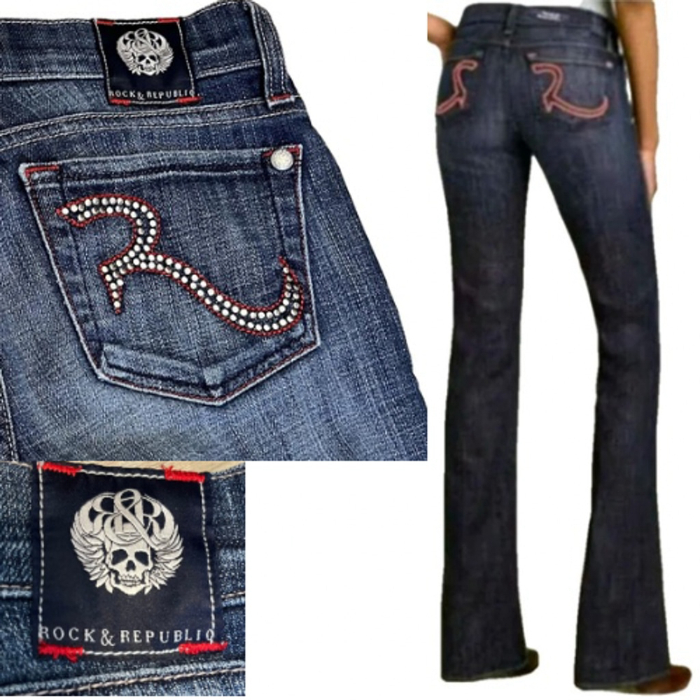 Rock & Republic Y2K Jeans Bling Pocket Low Rise Boot Cut Kasandra Red Silver 26